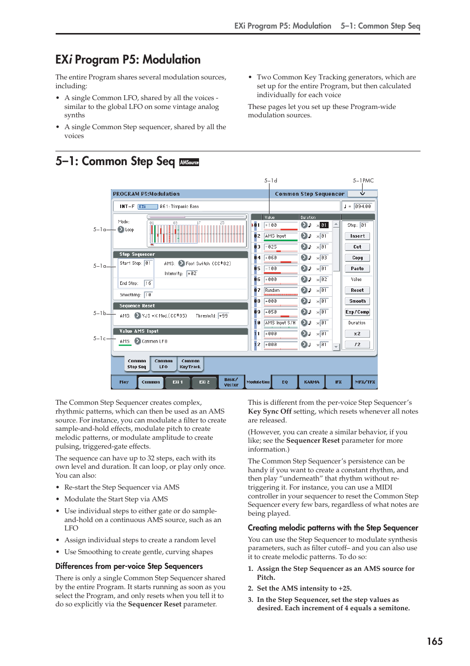 Exi program p5: modulation, 1: common step seq, Program p5: modulation | 5–1: common step seq, Ex i program p5: modulation | KORG Electronic Keyboard User Manual | Page 175 / 1127