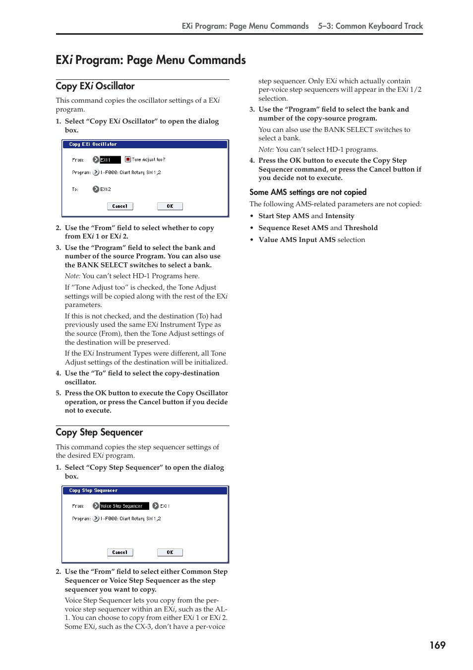 Copy exi oscillator, Copy step sequencer, Ex i program: page menu commands | Copy ex i oscillator | KORG Electronic Keyboard User Manual | Page 179 / 1127