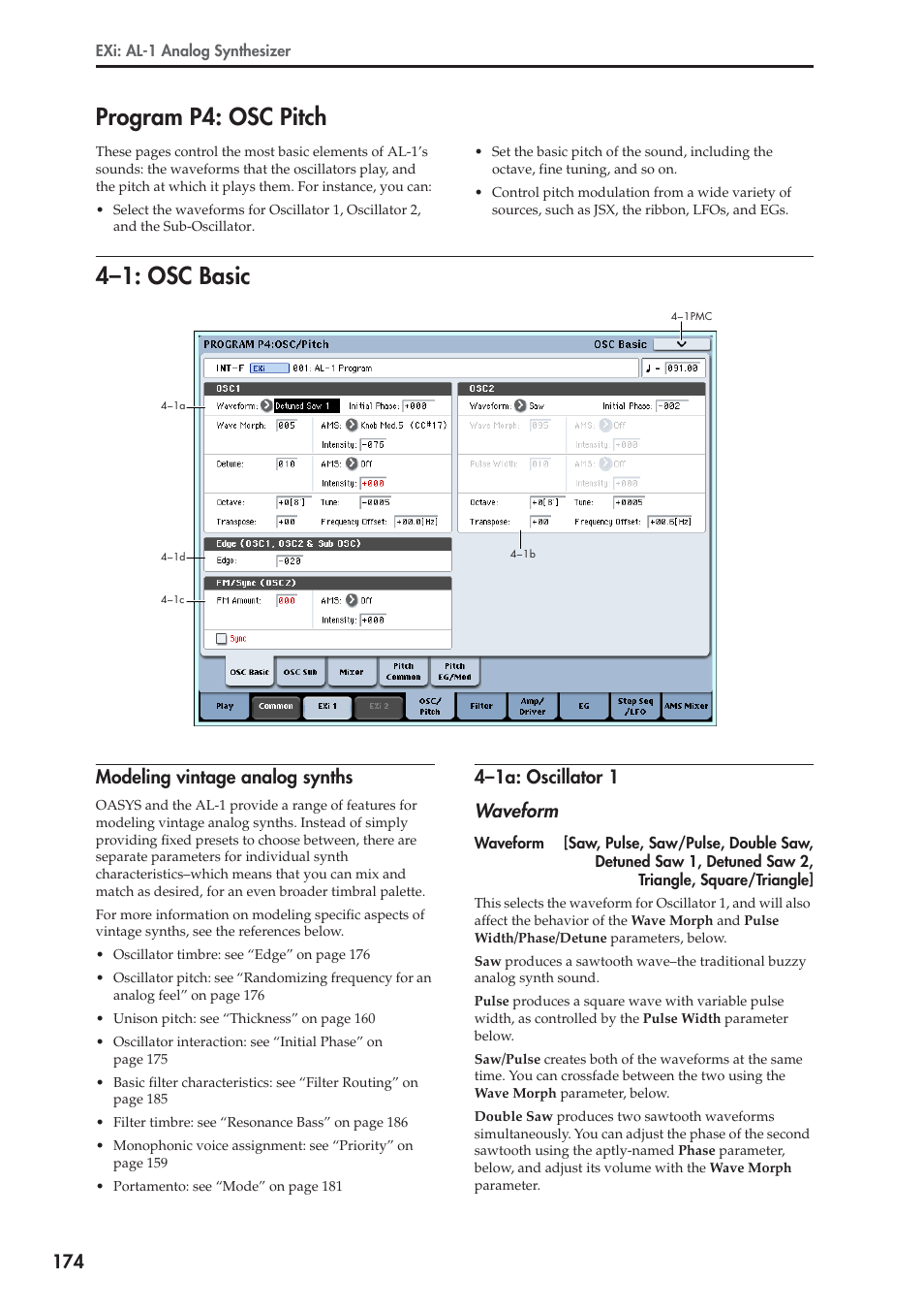 Program p4: osc pitch, 1: osc basic, Modeling vintage analog synths | 1a: oscillator 1, 4–1: osc basic, 4–1a: oscillator 1 waveform | KORG Electronic Keyboard User Manual | Page 184 / 1127