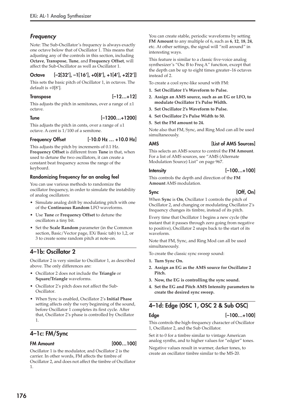 1b: oscillator 2, 1c: fm/sync, 1d: edge (osc 1, osc 2 & sub osc) | 176 frequency, 4–1b: oscillator 2, 4–1c: fm/sync, 4–1d: edge (osc 1, osc 2 & sub osc) | KORG Electronic Keyboard User Manual | Page 186 / 1127