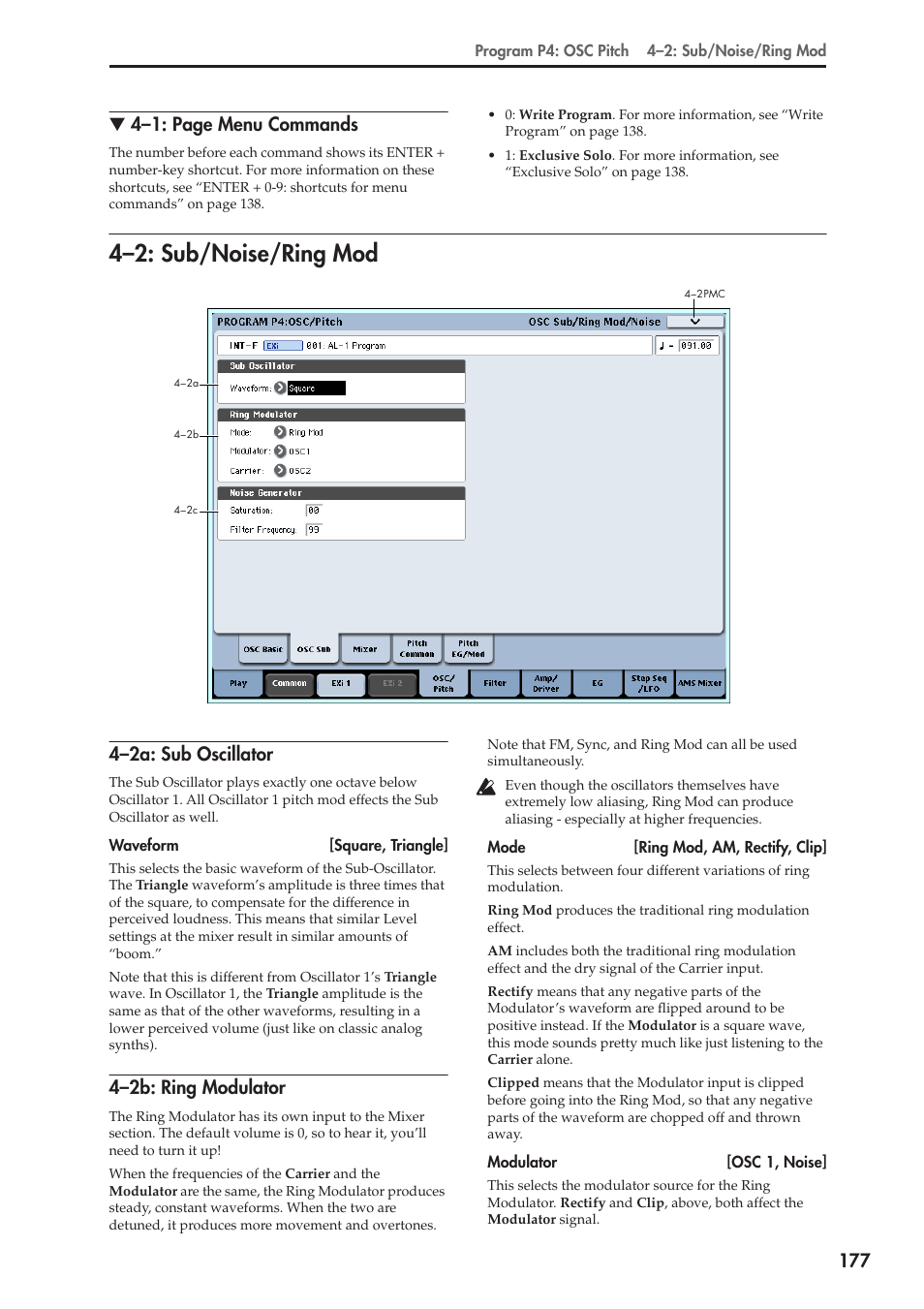 2: sub/noise/ring mod, 2a: sub oscillator, 2b: ring modulator | 4–2: sub/noise/ring mod, 4–2a: sub oscillator, 4–2b: ring modulator | KORG Electronic Keyboard User Manual | Page 187 / 1127
