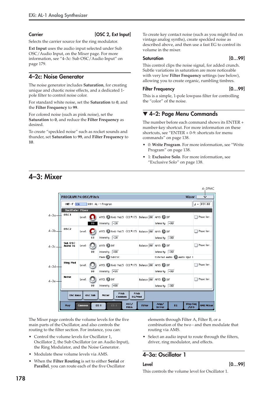 2c: noise generator, 3: mixer, 3a: oscillator 1 | 4–3: mixer, 4–2c: noise generator, 4–2: page menu commands, 4–3a: oscillator 1 | KORG Electronic Keyboard User Manual | Page 188 / 1127