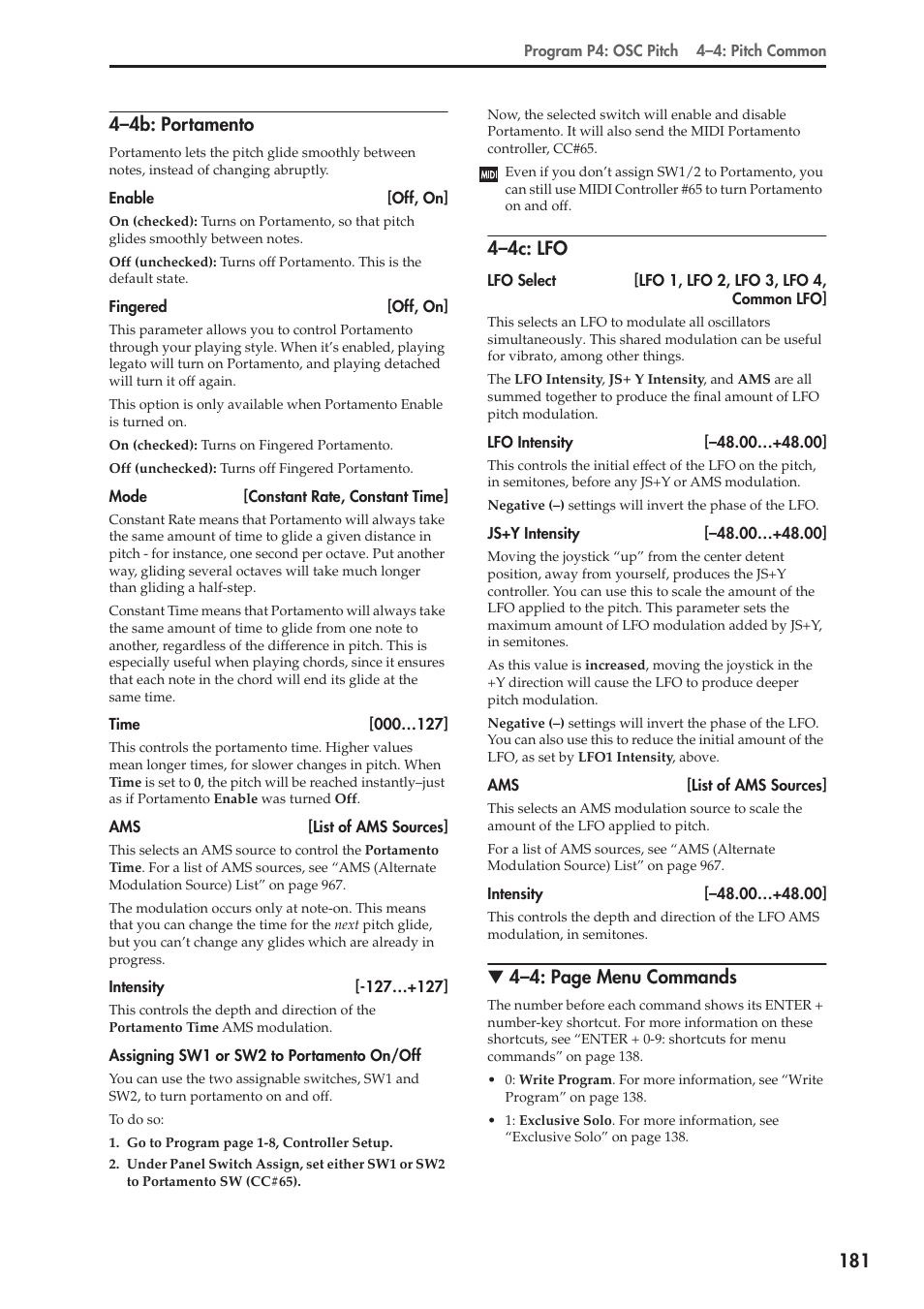 4b: portamento, 4c: lfo, 4–4c: lfo | 4–4: page menu commands | KORG Electronic Keyboard User Manual | Page 191 / 1127