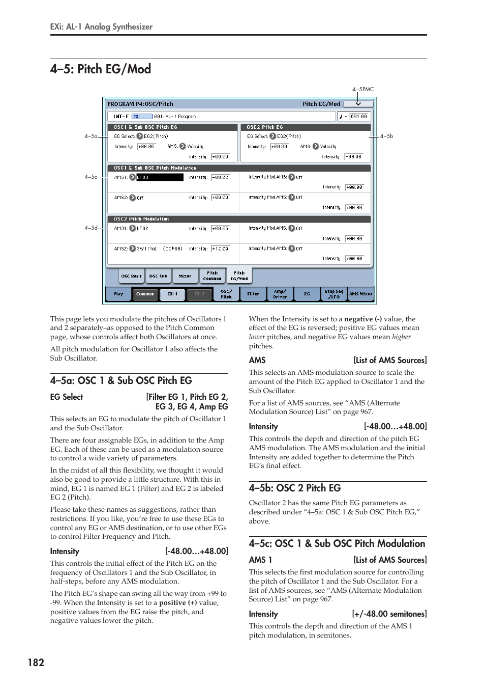 5: pitch eg/mod, 5a: osc 1 & sub osc pitch eg, 5b: osc 2 pitch eg | 5c: osc 1 & sub osc pitch modulation, 4–5: pitch eg/mod, 4–5a: osc 1 & sub osc pitch eg, 4–5b: osc 2 pitch eg, 4–5c: osc 1 & sub osc pitch modulation | KORG Electronic Keyboard User Manual | Page 192 / 1127