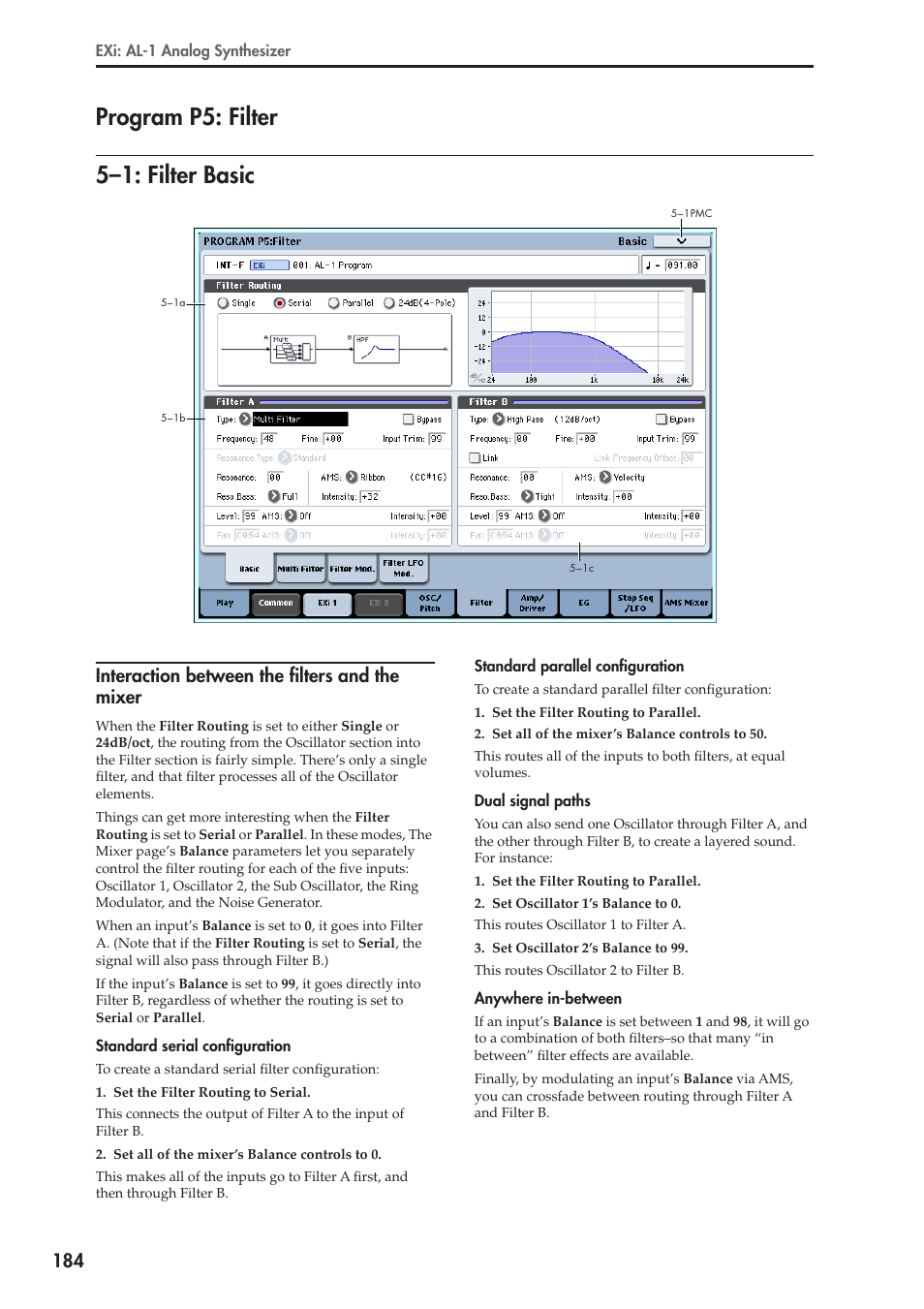 Program p5: filter, 1: filter basic, Interaction between the filters and the mixer | 5–1: filter basic, Program p5: filter 5–1: filter basic | KORG Electronic Keyboard User Manual | Page 194 / 1127