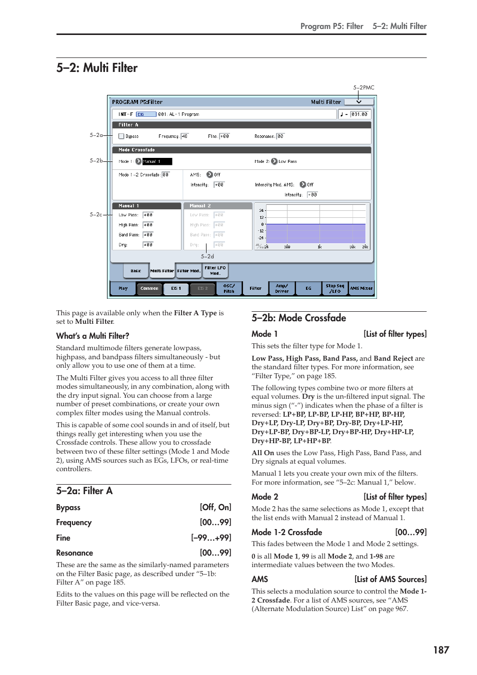 2: multi filter, 2a: filter a, 2b: mode crossfade | 5–2: multi filter, 5–2a: filter a, 5–2b: mode crossfade | KORG Electronic Keyboard User Manual | Page 197 / 1127