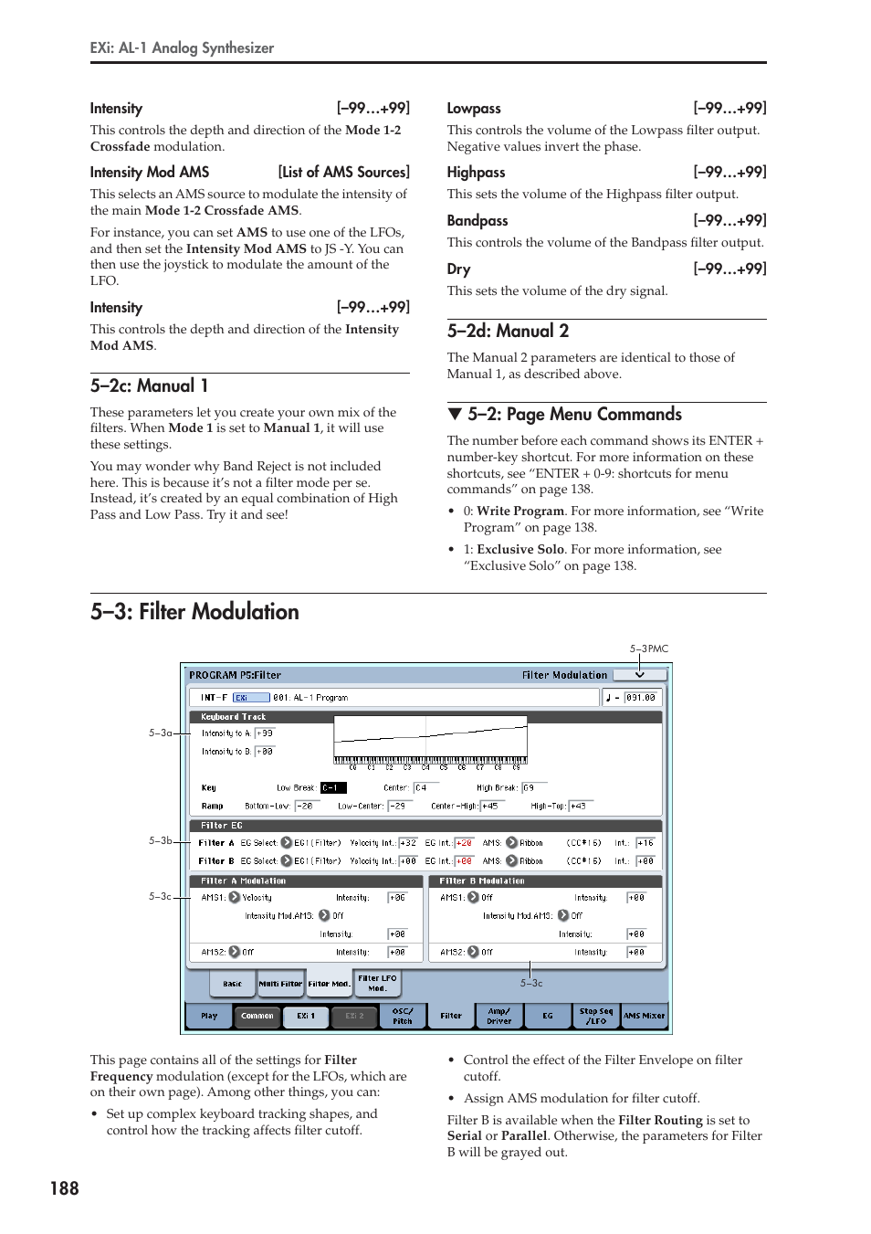 2c: manual 1, 2d: manual 2, 3: filter modulation | 5–3: filter modulation, E information, see “5–2c: manual 1,” below, 5–2c: manual 1, 5–2d: manual 2, 5–2: page menu commands | KORG Electronic Keyboard User Manual | Page 198 / 1127