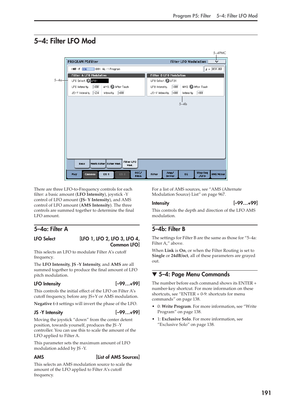 4: filter lfo mod, 4a: filter a, 4b: filter b | 5–4: filter lfo mod, 5–4a: filter a, 5–4b: filter b, 5–4: page menu commands | KORG Electronic Keyboard User Manual | Page 201 / 1127