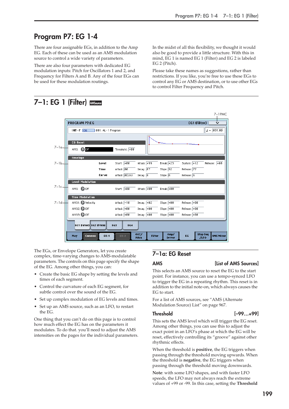 Program p7: eg 1-4, 1: eg 1 (filter), 1a: eg reset | 7–1: eg 1 (filter), 7–1a: eg reset | KORG Electronic Keyboard User Manual | Page 209 / 1127