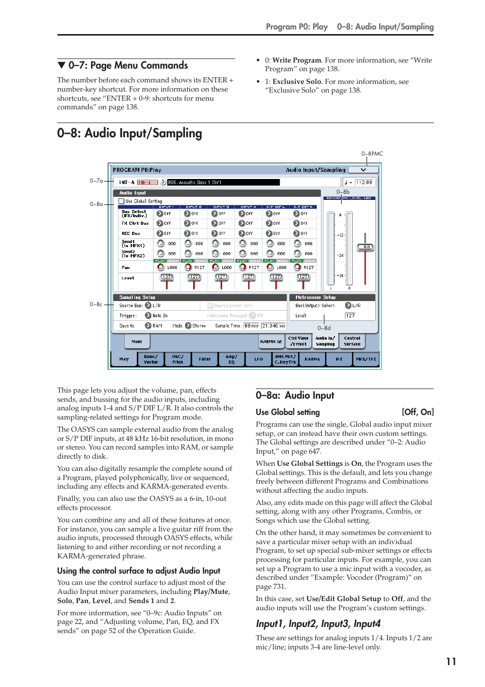 8: audio input/sampling, 8a: audio input, 0–8: audio input/sampling | 11 ▼ 0–7: page menu commands, 0–8a: audio input, Input1, input2, input3, input4 | KORG Electronic Keyboard User Manual | Page 21 / 1127