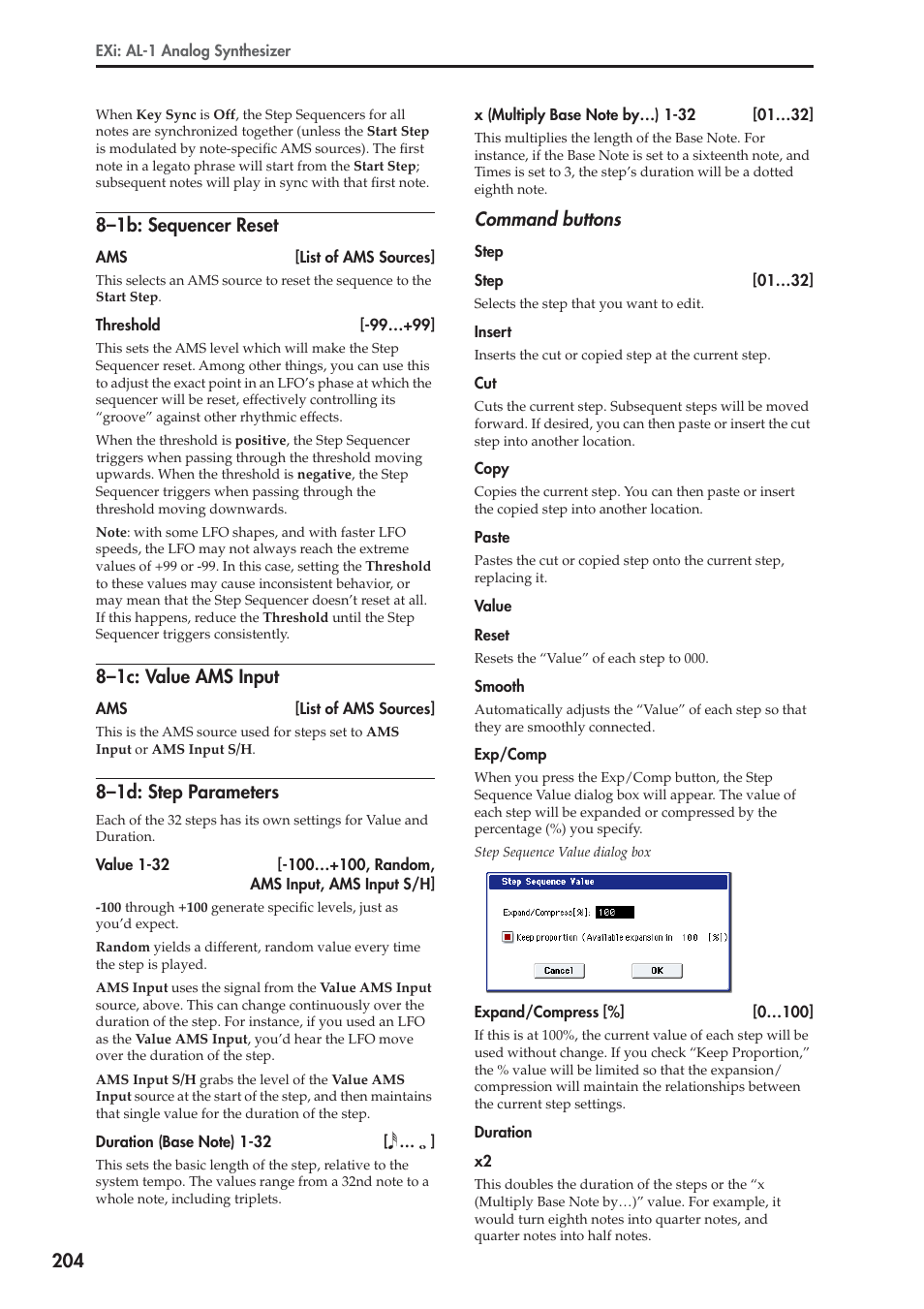 1b: sequencer reset, 1c: value ams input, 1d: step parameters | 8–1b: sequencer reset, 8–1c: value ams input, 8–1d: step parameters, Command buttons | KORG Electronic Keyboard User Manual | Page 214 / 1127