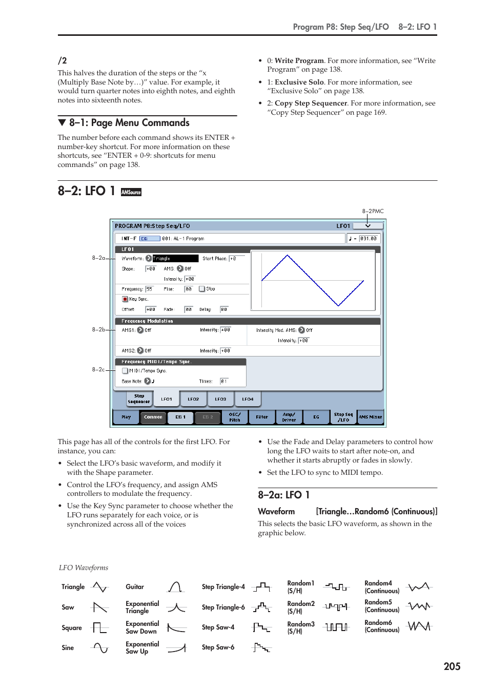 2: lfo 1, 2a: lfo 1, 8–2: lfo 1 | 8–1: page menu commands, 8–2a: lfo 1 | KORG Electronic Keyboard User Manual | Page 215 / 1127