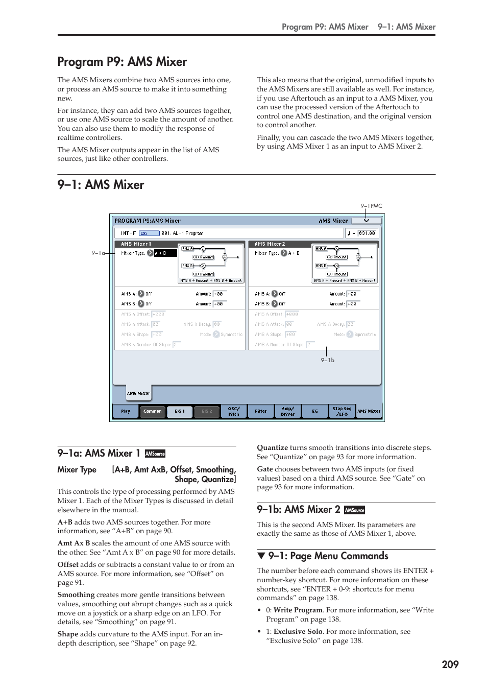 Program p9: ams mixer, 1: ams mixer, 1a: ams mixer 1 | 1b: ams mixer 2, 9–1: ams mixer, 9–1a: ams mixer 1, 9–1b: ams mixer 2, 9–1: page menu commands | KORG Electronic Keyboard User Manual | Page 219 / 1127