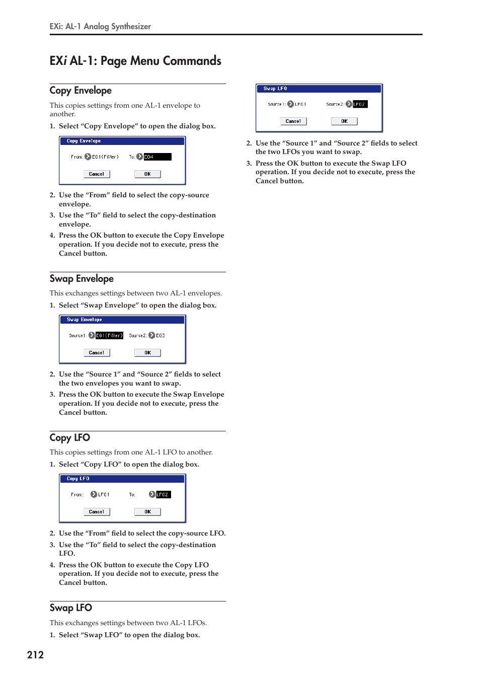 Copy envelope, Swap envelope, Copy lfo | Swap lfo, For more information, see “copy, For more information, see “swap, Ex i al-1: page menu commands | KORG Electronic Keyboard User Manual | Page 222 / 1127