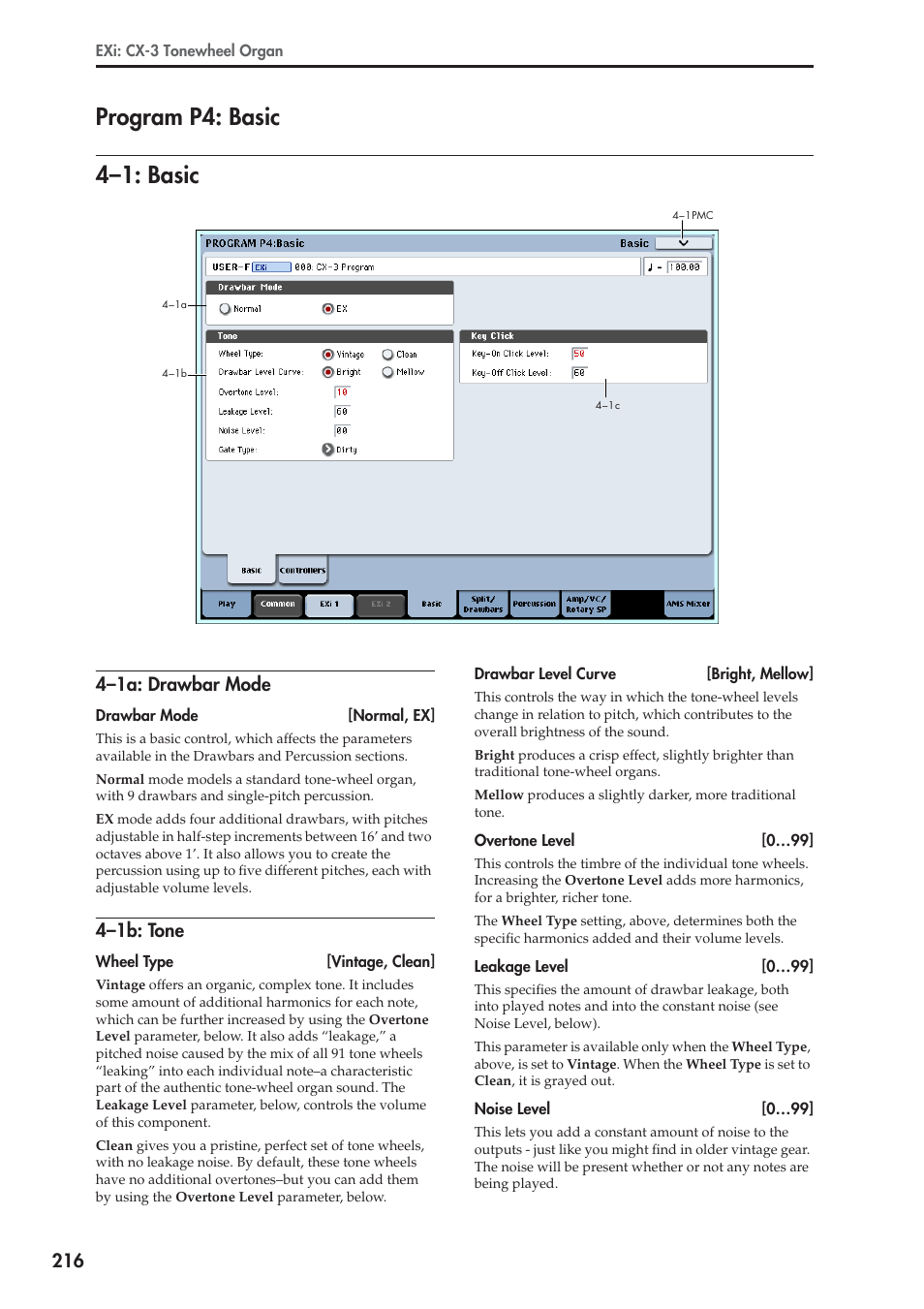 Program p4: basic, 1: basic, 1a: drawbar mode | 1b: tone, 4–1: basic, Program p4: basic 4–1: basic, 4–1a: drawbar mode, 4–1b: tone | KORG Electronic Keyboard User Manual | Page 226 / 1127