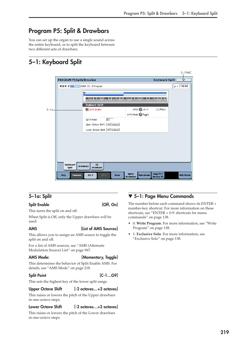 Program p5: split & drawbars, 1: keyboard split, 1a: split | 5–1: keyboard split | KORG Electronic Keyboard User Manual | Page 229 / 1127
