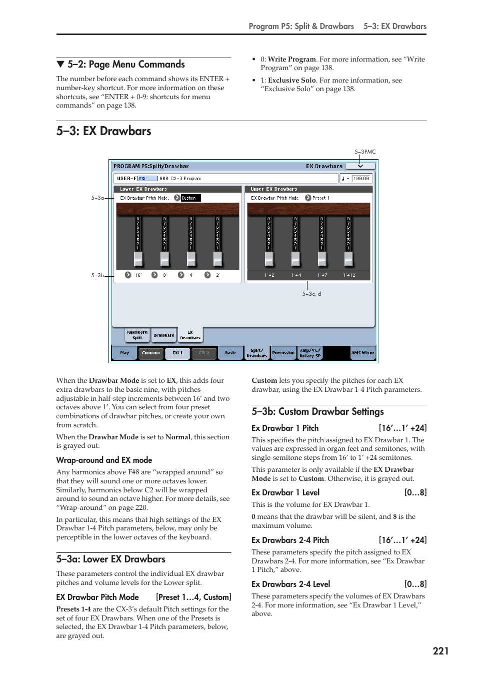 3: ex drawbars, 3a: lower ex drawbars, 3b: custom drawbar settings | 5–3: ex drawbars, 5–3a: lower ex drawbars, 5–3b: custom drawbar settings | KORG Electronic Keyboard User Manual | Page 231 / 1127