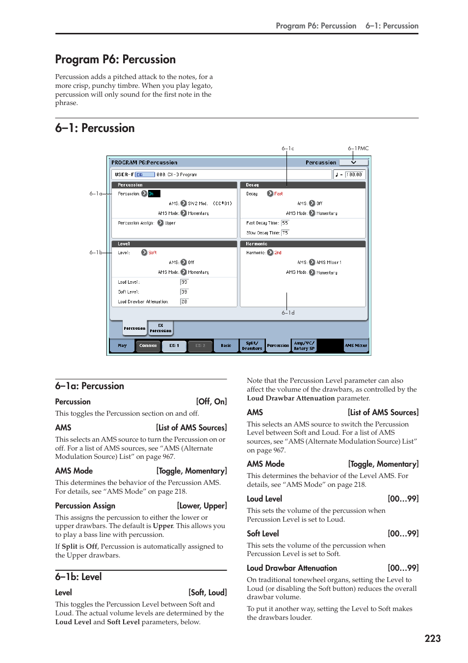 Program p6: percussion, 1: percussion, 1a: percussion | 1b: level, 6–1: percussion, 6–1a: percussion, 6–1b: level | KORG Electronic Keyboard User Manual | Page 233 / 1127