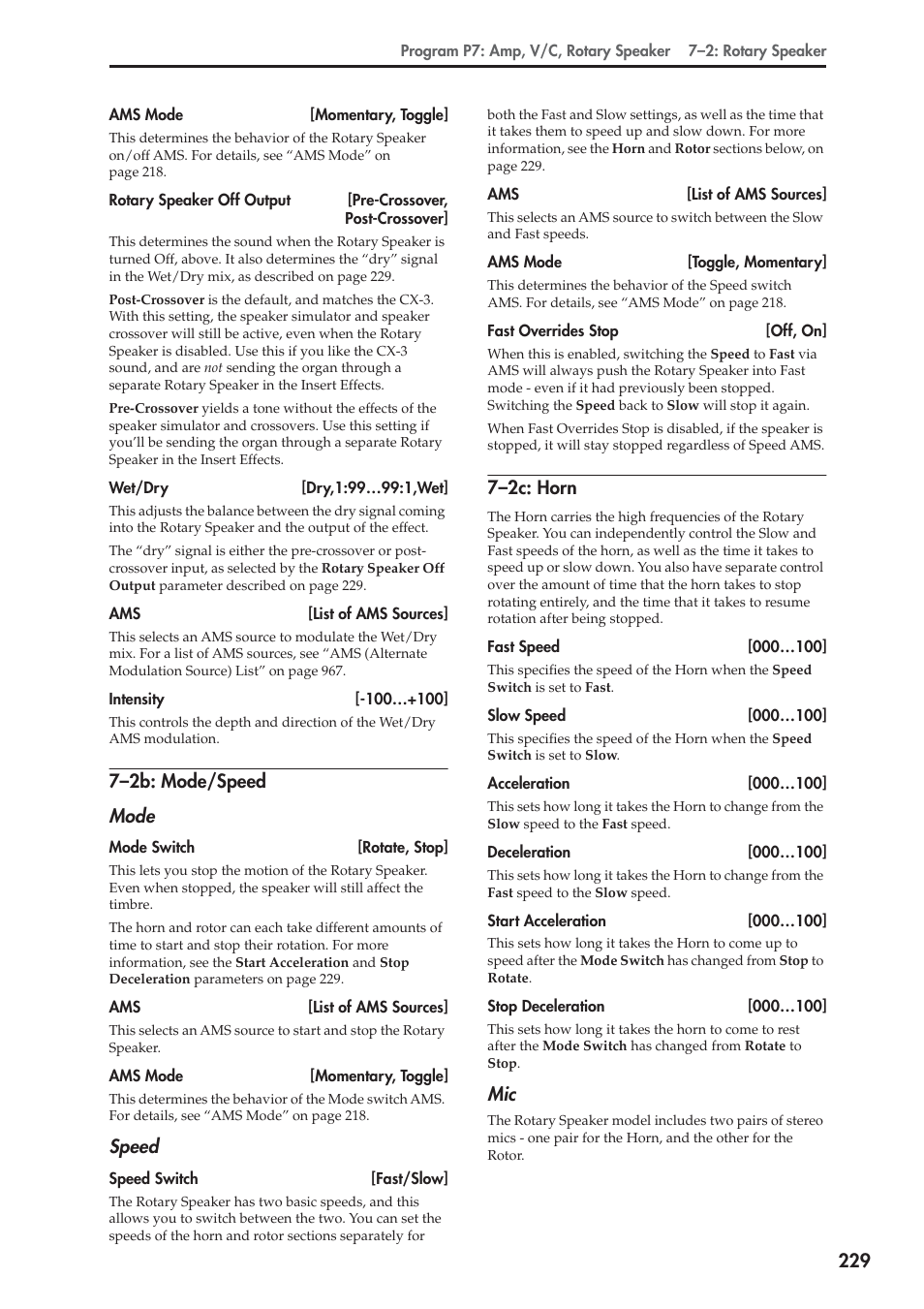 2b: mode/speed, 2c: horn, 7–2b: mode/speed mode | Speed, 7–2c: horn | KORG Electronic Keyboard User Manual | Page 239 / 1127
