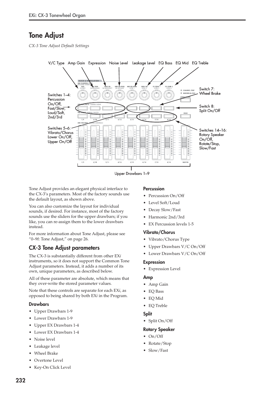 Tone adjust, Cx-3 tone adjust parameters | KORG Electronic Keyboard User Manual | Page 242 / 1127