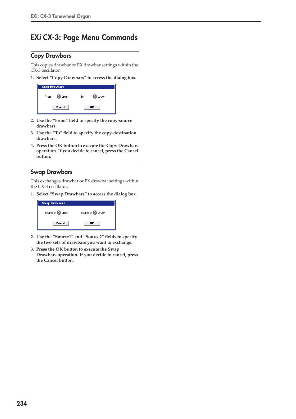 Copy drawbars, Swap drawbars, Ex i cx-3: page menu commands | KORG Electronic Keyboard User Manual | Page 244 / 1127
