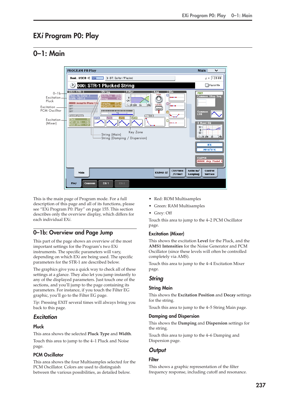 Exi program p0: play, 1: main, Program p0: play | 0–1: main, Ex i program p0: play 0–1: main, 0–1b: overview and page jump, Excitation, String, Output | KORG Electronic Keyboard User Manual | Page 247 / 1127