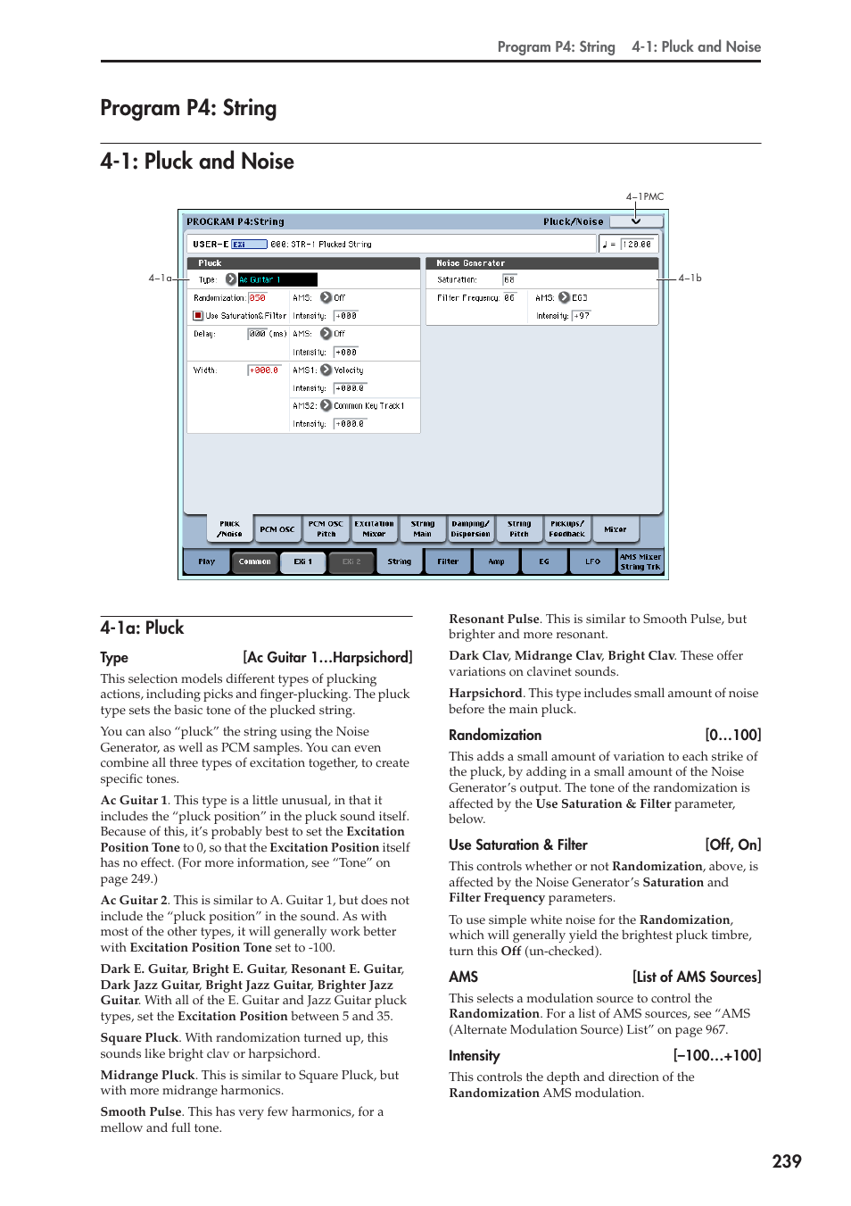 Program p4: string, 1: pluck and noise, 1a: pluck | Program p4: string 4-1: pluck and noise | KORG Electronic Keyboard User Manual | Page 249 / 1127