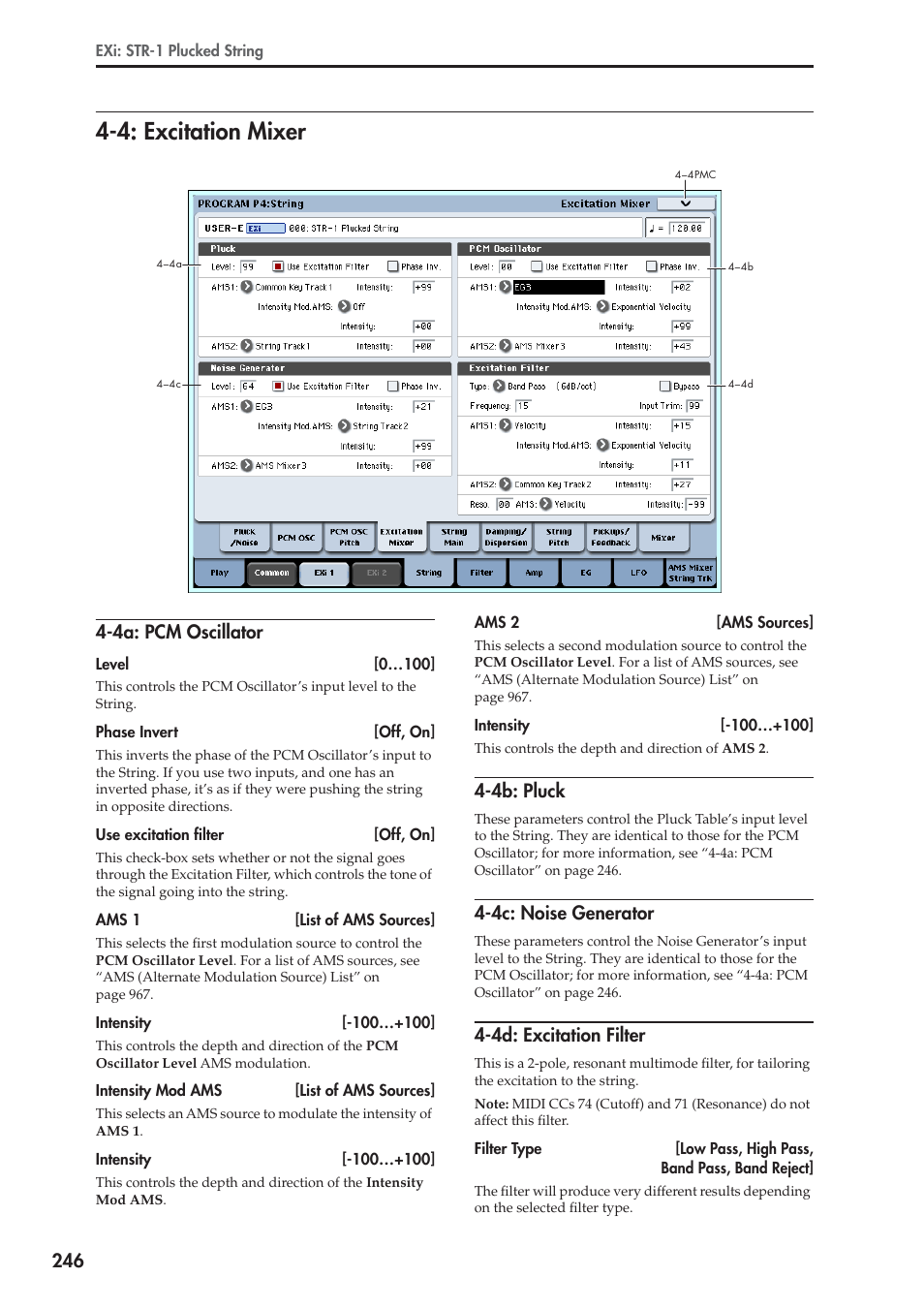 4: excitation mixer, 4a: pcm oscillator, 4b: pluck | 4c: noise generator, 4d: excitation filter | KORG Electronic Keyboard User Manual | Page 256 / 1127