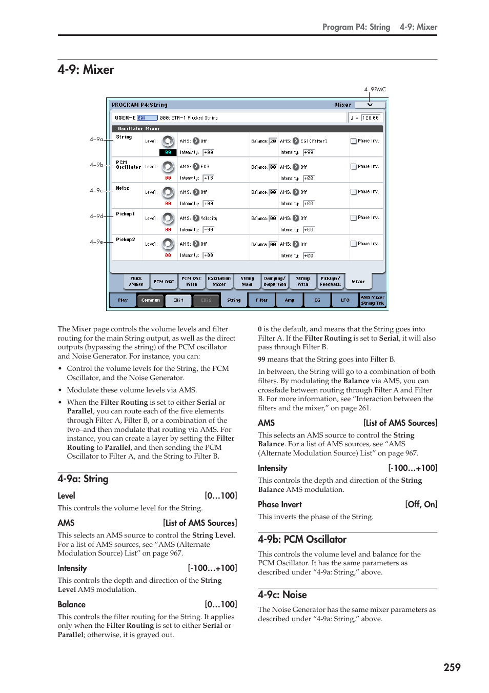 9: mixer, 9a: string, 9b: pcm oscillator | 9c: noise | KORG Electronic Keyboard User Manual | Page 269 / 1127