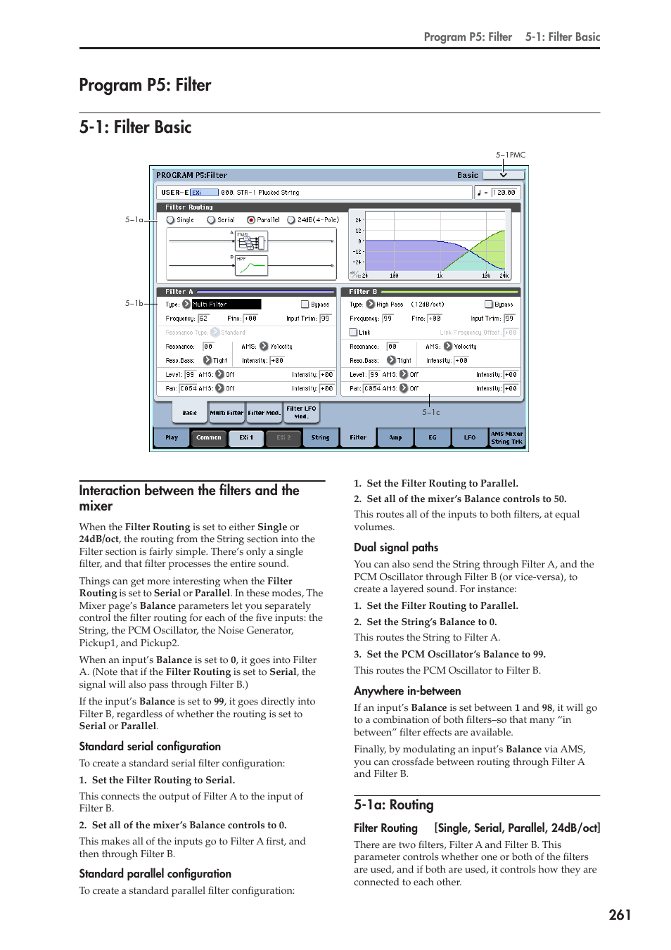 Program p5: filter, 1: filter basic, Interaction between the filters and the mixer | 1a: routing, Program p5: filter 5-1: filter basic | KORG Electronic Keyboard User Manual | Page 271 / 1127