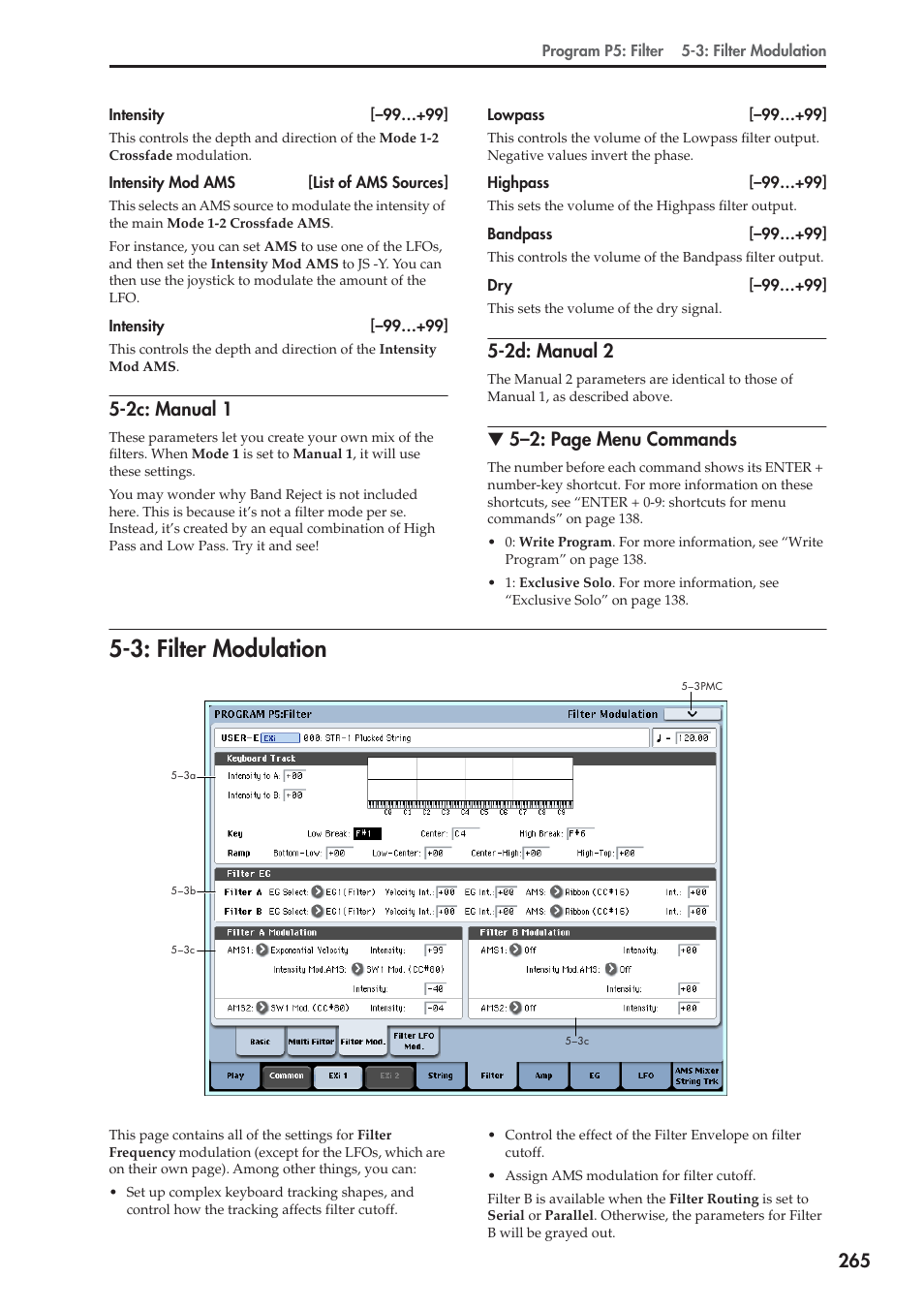 2c: manual 1, 2d: manual 2, 3: filter modulation | E information, see “5-2c: manual 1,” below, 5–2: page menu commands | KORG Electronic Keyboard User Manual | Page 275 / 1127