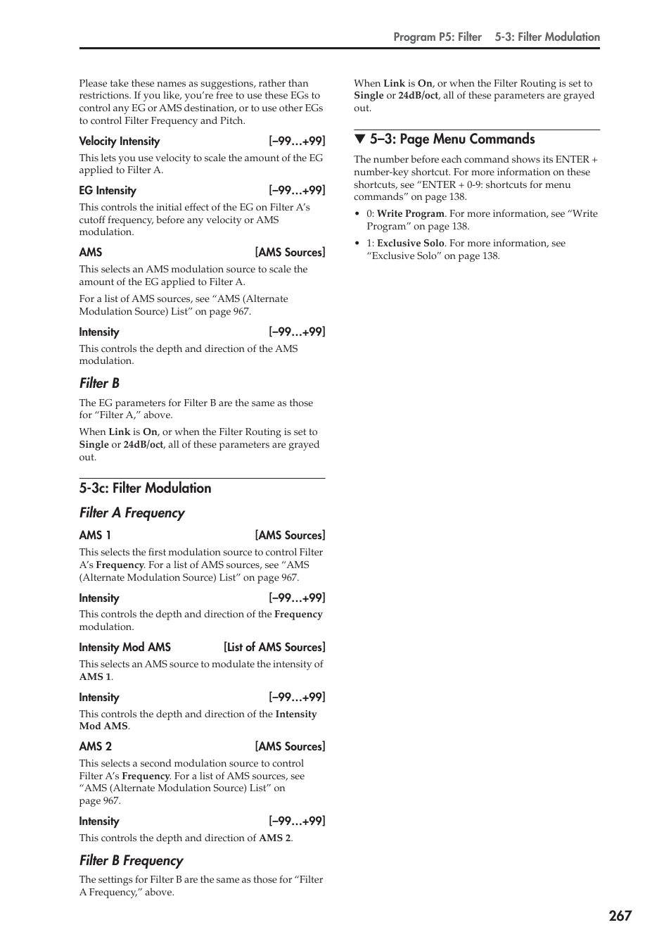 3c: filter modulation, Filter b, 3c: filter modulation filter a frequency | Filter b frequency, 5–3: page menu commands | KORG Electronic Keyboard User Manual | Page 277 / 1127