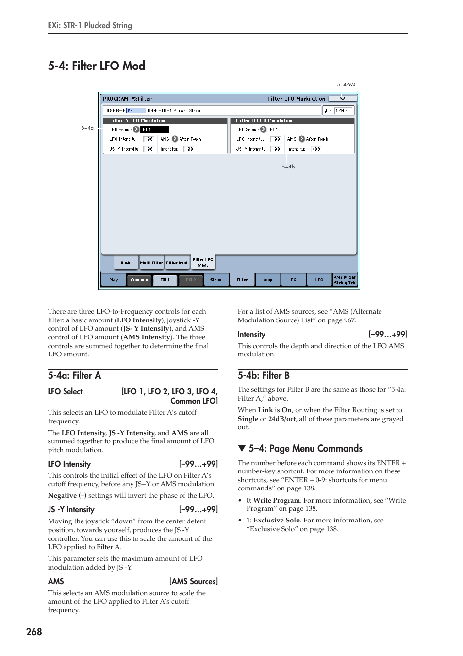 4: filter lfo mod, 4a: filter a, 4b: filter b | 5–4: page menu commands | KORG Electronic Keyboard User Manual | Page 278 / 1127