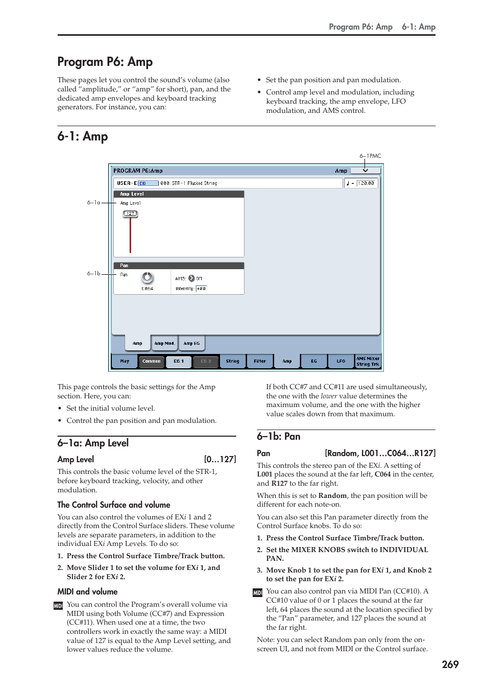 Program p6: amp, 1: amp, 1a: amp level | 1b: pan, 6–1a: amp level, 6–1b: pan | KORG Electronic Keyboard User Manual | Page 279 / 1127