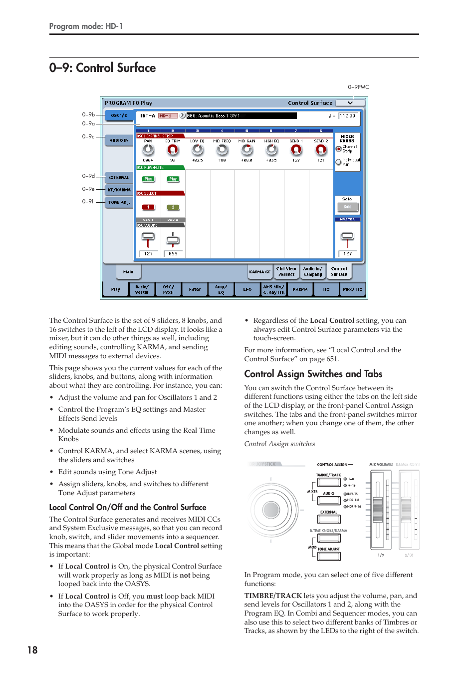 9: control surface, Control assign switches and tabs, 0–9: control surface | KORG Electronic Keyboard User Manual | Page 28 / 1127