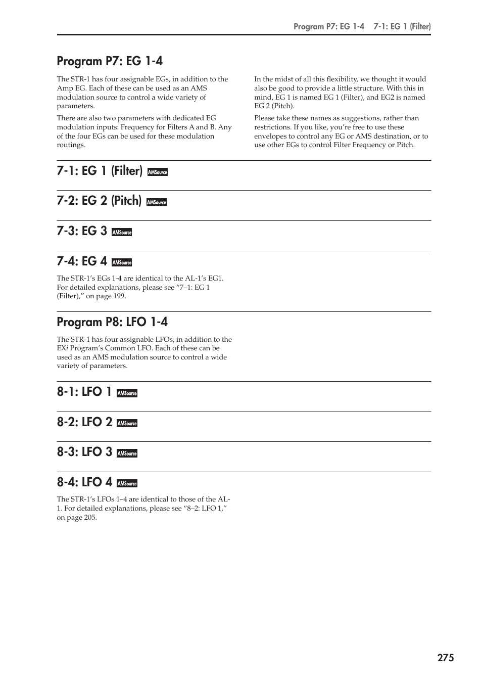 Program p7: eg 1-4, 1: eg 1 (filter), 2: eg 2 (pitch) | 3: eg 3, 4: eg 4, Program p8: lfo 1-4, 1: lfo 1, 2: lfo 2, 3: lfo 3, 4: lfo 4 | KORG Electronic Keyboard User Manual | Page 285 / 1127