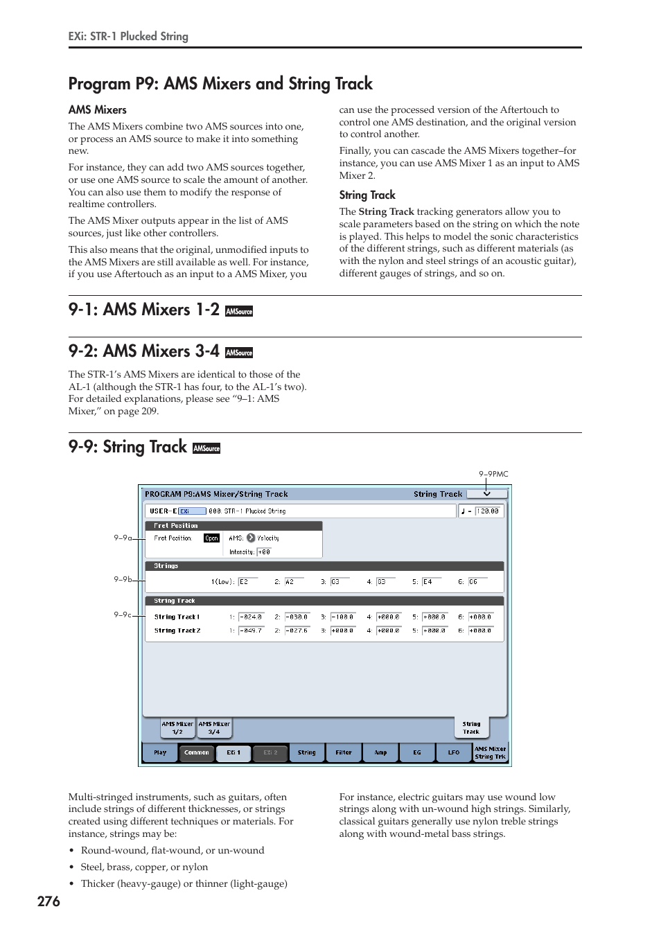 Program p9: ams mixers and string track, 1: ams mixers 1-2, 2: ams mixers 3-4 | 9: string track | KORG Electronic Keyboard User Manual | Page 286 / 1127
