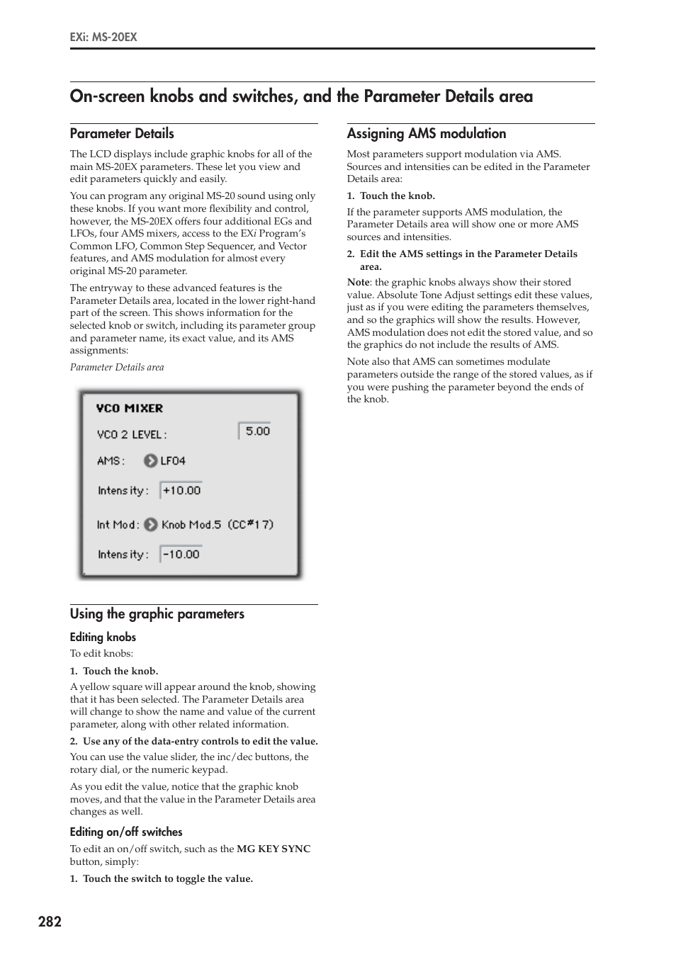 Parameter details, Using the graphic parameters, Assigning ams modulation | KORG Electronic Keyboard User Manual | Page 292 / 1127