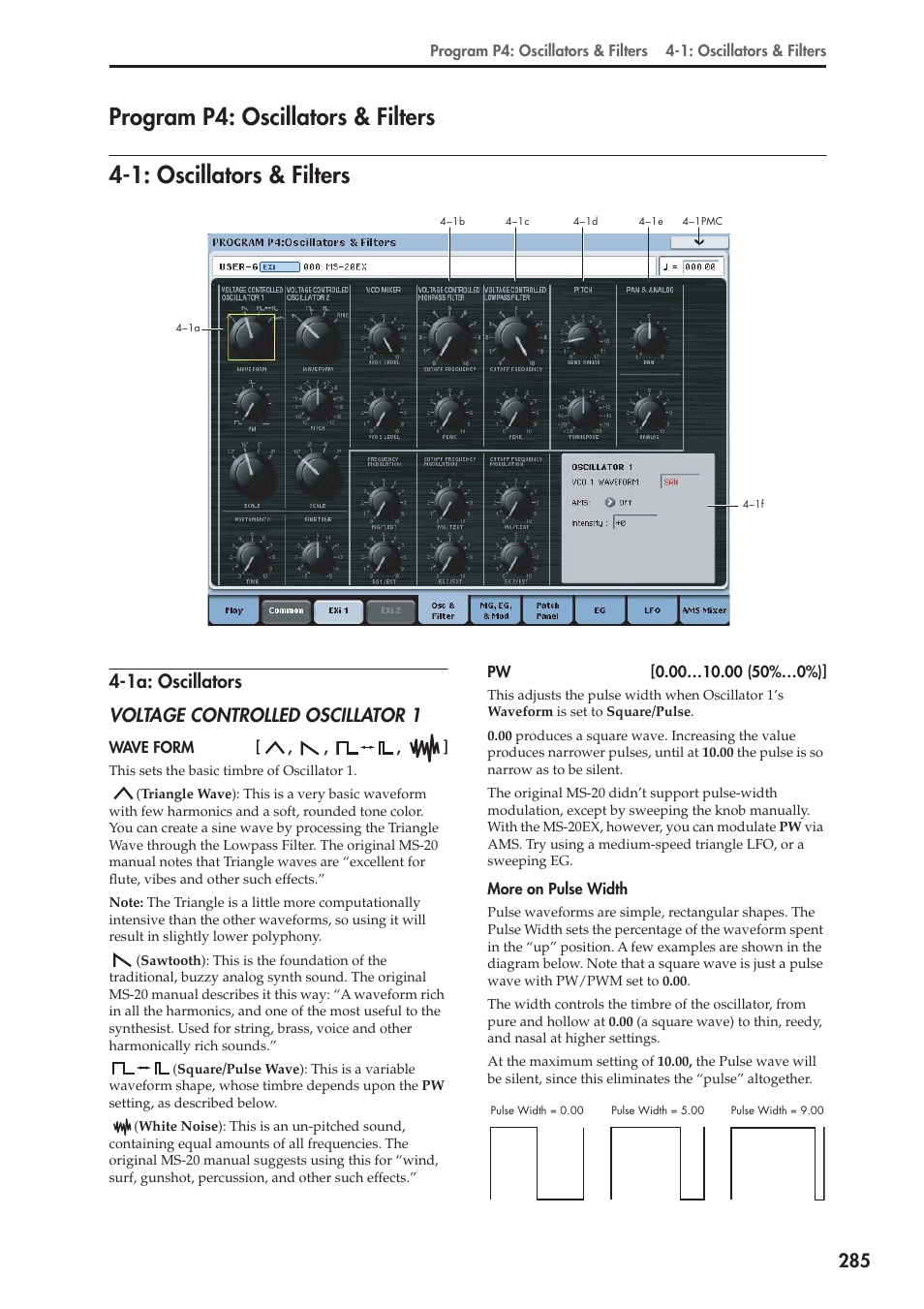 Program p4: oscillators & filters, 1: oscillators & filters, 1a: oscillators | 1a: oscillators voltage controlled oscillator 1 | KORG Electronic Keyboard User Manual | Page 295 / 1127