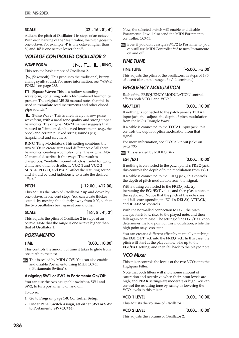 Voltage controlled oscillator 2, Portamento, Fine tune | Frequency modulation, Vco mixer | KORG Electronic Keyboard User Manual | Page 296 / 1127