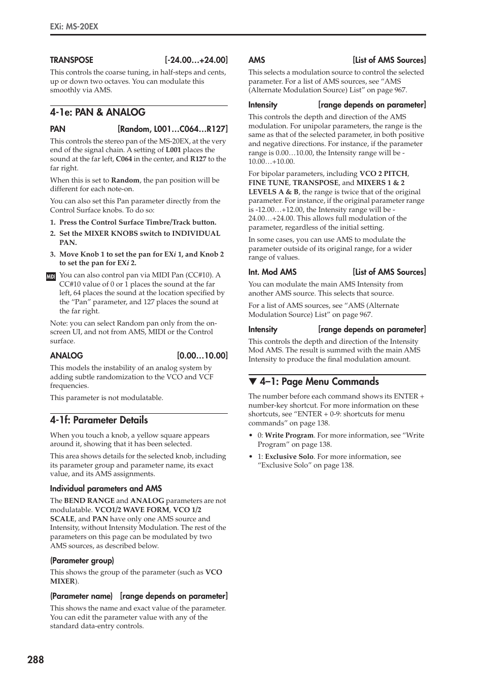 1e: pan & analog, 1f: parameter details, 4–1: page menu commands | KORG Electronic Keyboard User Manual | Page 298 / 1127