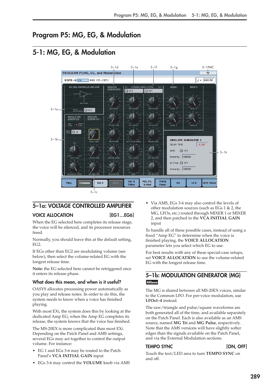 Program p5: mg, eg, & modulation, 1: mg, eg, & modulation, 1a: voltage controlled amplifier | 1b: modulation generator (mg), 5–1a: voltage controlled amplifier, 5–1b: modulation generator (mg) | KORG Electronic Keyboard User Manual | Page 299 / 1127