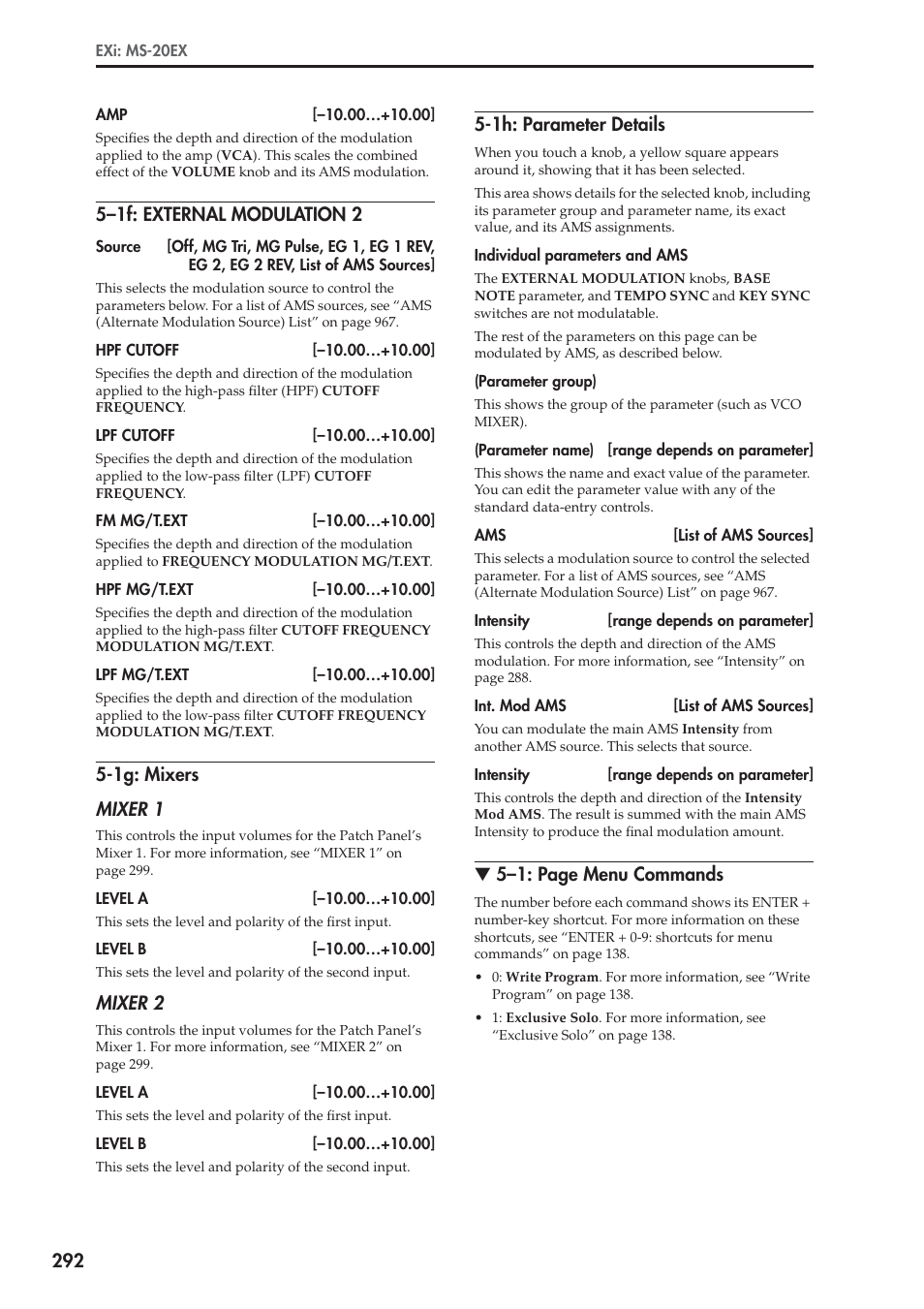 1f: external modulation 2, 1g: mixers, 1h: parameter details | 5–1f: external modulation 2, 1g: mixers mixer 1, Mixer 2, 5–1: page menu commands | KORG Electronic Keyboard User Manual | Page 302 / 1127