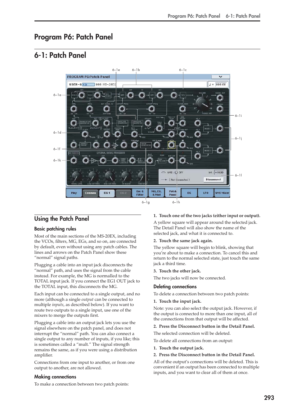 Program p6: patch panel, 1: patch panel, Using the patch panel | Program p6: patch panel 6-1: patch panel | KORG Electronic Keyboard User Manual | Page 303 / 1127