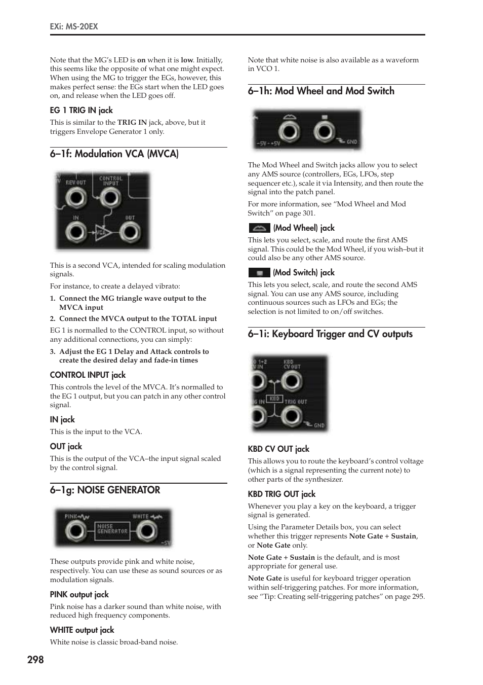 1f: modulation vca (mvca), 1g: noise generator, 1h: mod wheel and mod switch | 1i: keyboard trigger and cv outputs, 6–1f: modulation vca (mvca), 6–1g: noise generator, 6–1h: mod wheel and mod switch, 6–1i: keyboard trigger and cv outputs | KORG Electronic Keyboard User Manual | Page 308 / 1127
