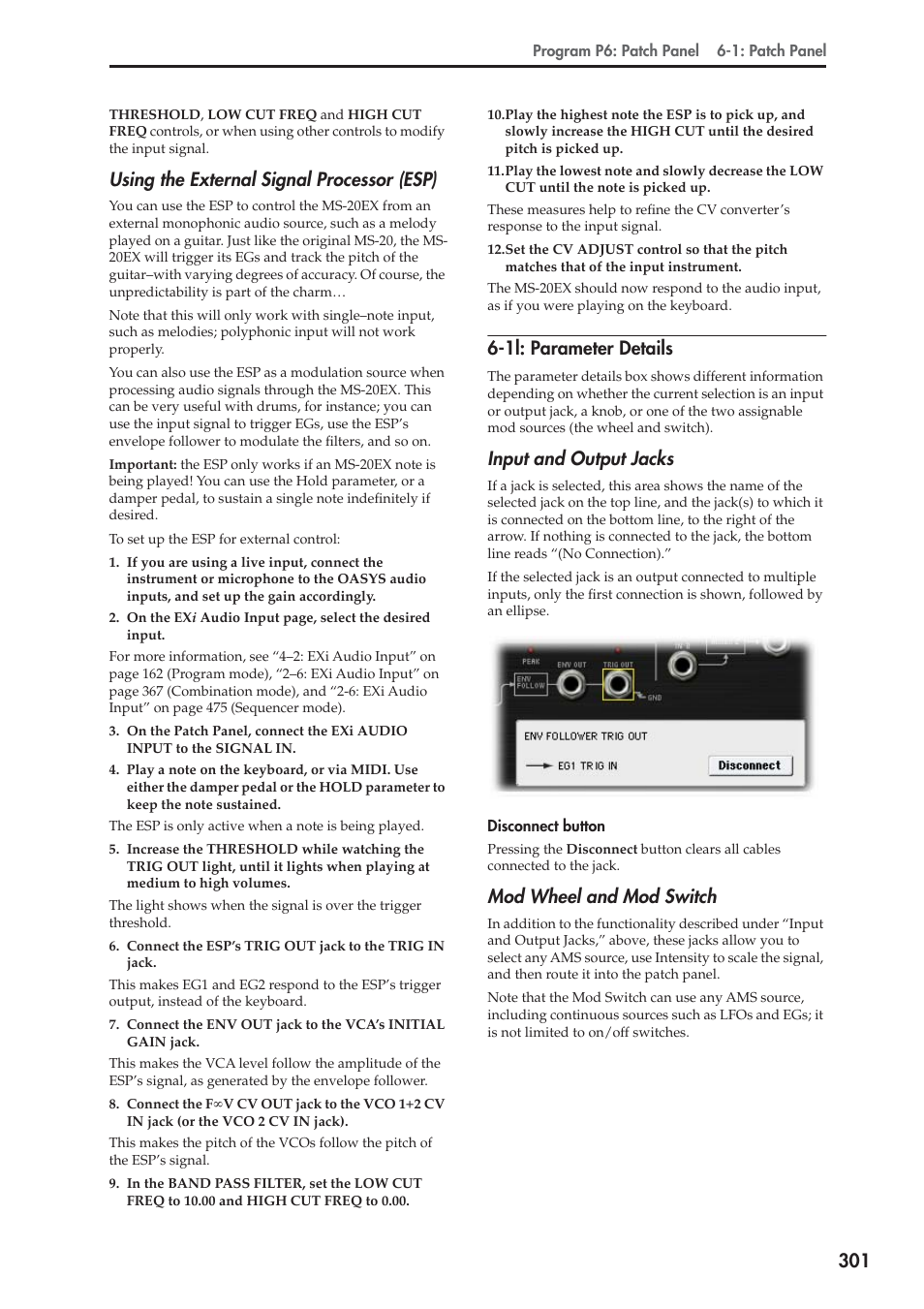 1l: parameter details, Using the external signal processor (esp), Input and output jacks | Mod wheel and mod switch | KORG Electronic Keyboard User Manual | Page 311 / 1127