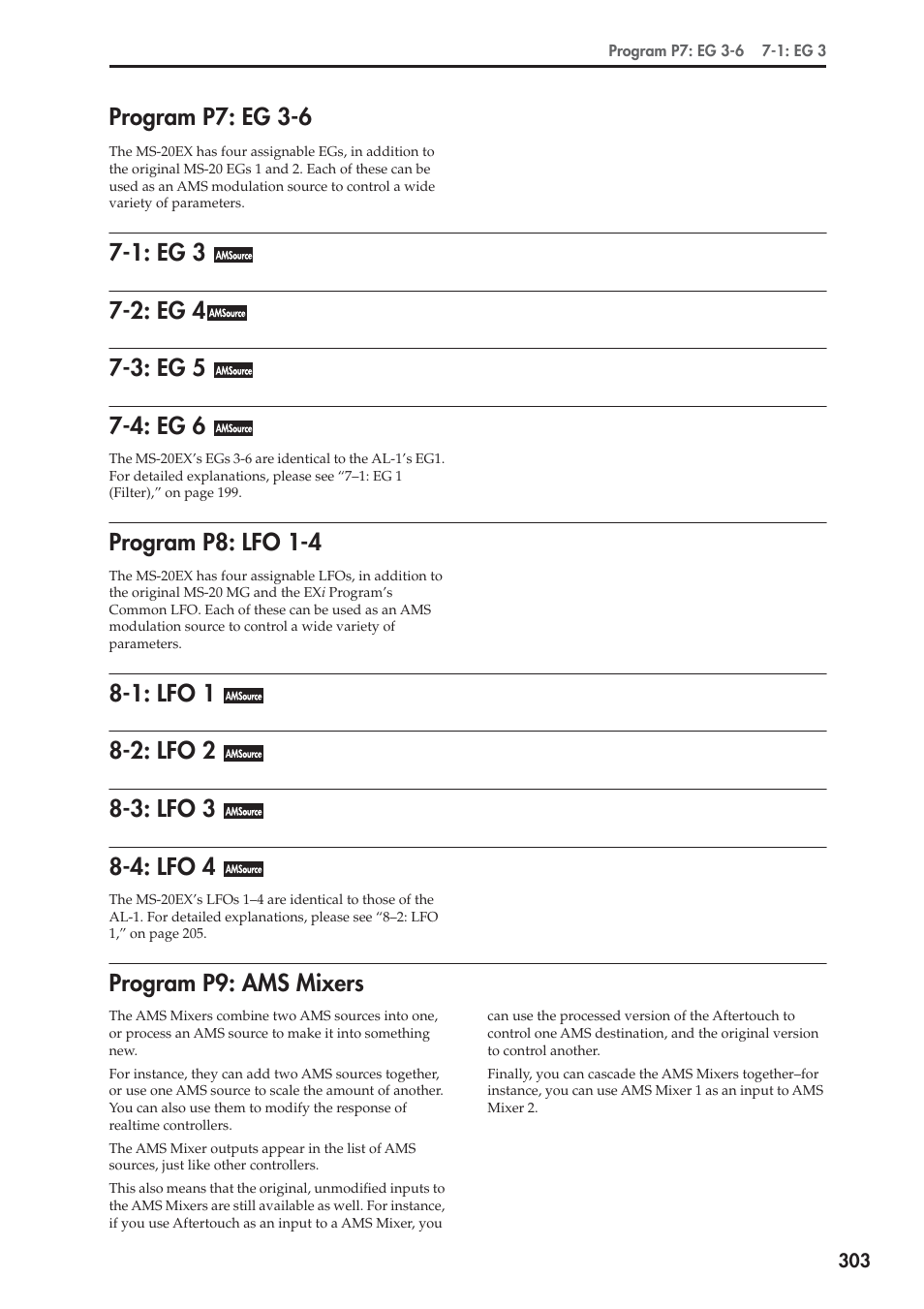 Program p7: eg 3-6, 1: eg 3, 2: eg 4 | 3: eg 5, 4: eg 6, Program p8: lfo 1-4, 1: lfo 1, 2: lfo 2, 3: lfo 3, 4: lfo 4 | KORG Electronic Keyboard User Manual | Page 313 / 1127