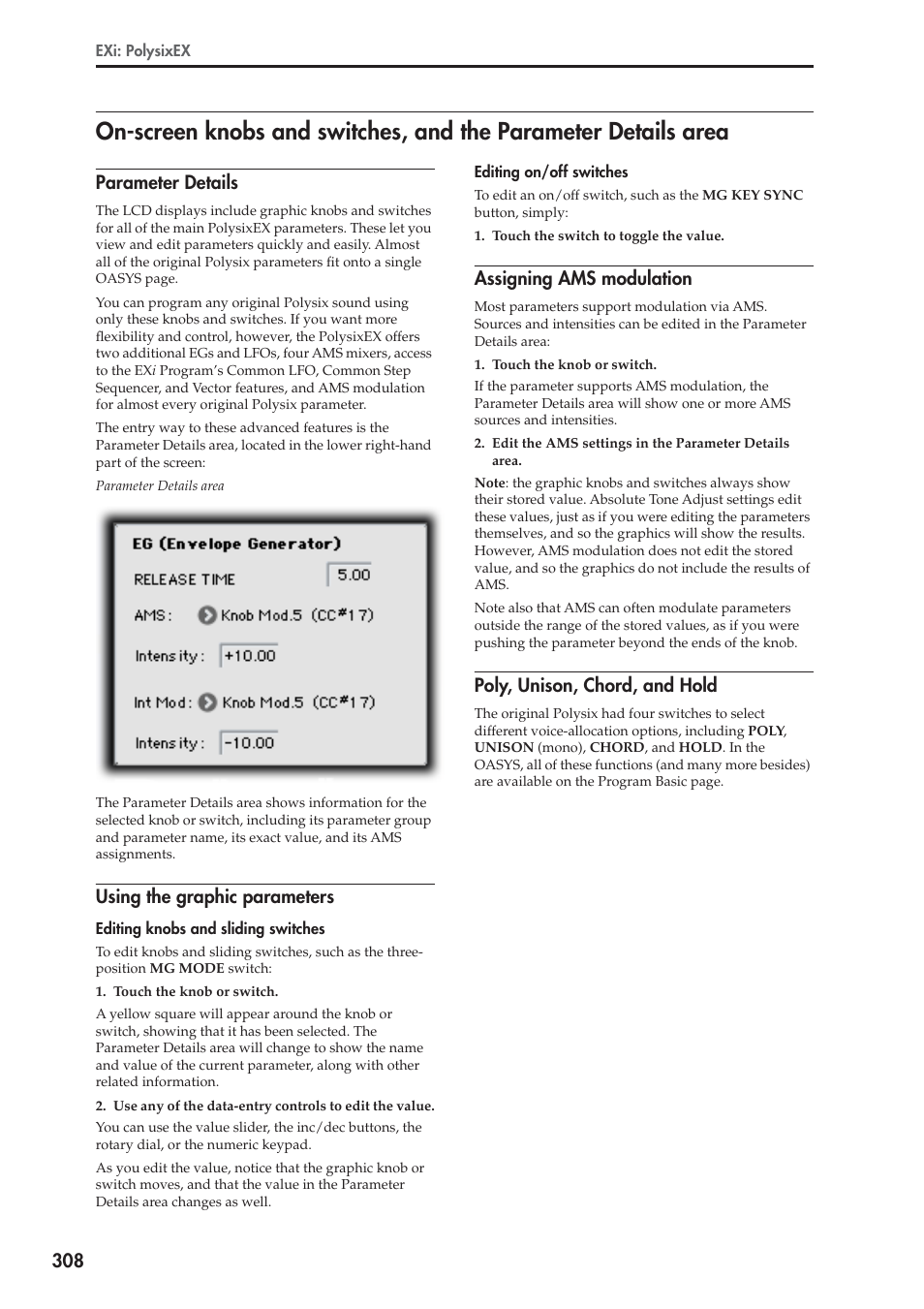 Parameter details, Using the graphic parameters, Assigning ams modulation | Poly, unison, chord, and hold | KORG Electronic Keyboard User Manual | Page 318 / 1127