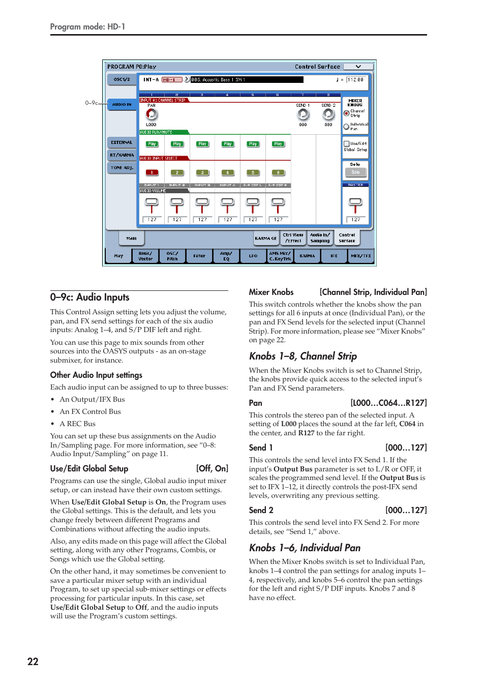 9c: audio inputs, 22 0–9c: audio inputs, Knobs 1–8, channel strip | Knobs 1–6, individual pan | KORG Electronic Keyboard User Manual | Page 32 / 1127