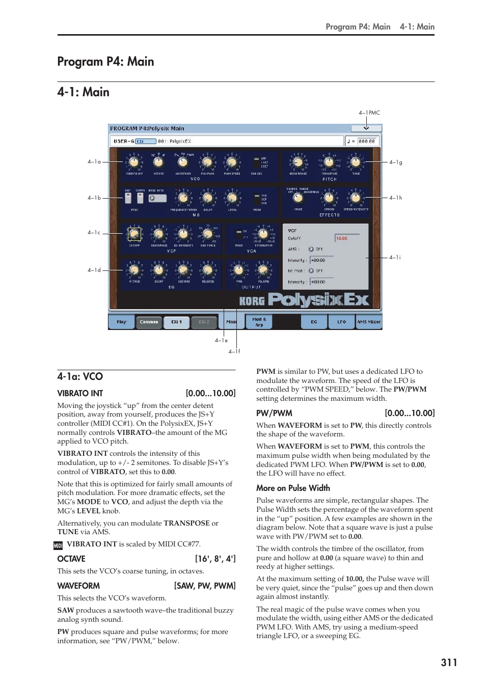 Program p4: main, 1: main, 1a: vco | Program p4: main 4-1: main | KORG Electronic Keyboard User Manual | Page 321 / 1127